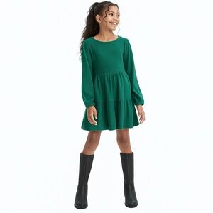 Cat & Jack 6/7 Girls Green Tiered Long Sleeve Dress  pockets Holiday Christmas